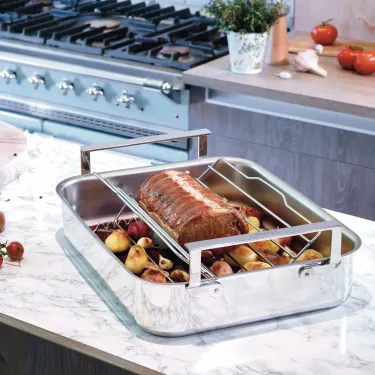 Plat à four Plaque à rôtir à anses larges + Grille Rectangle trilaminé Inox induction CRISTEL 40 cm