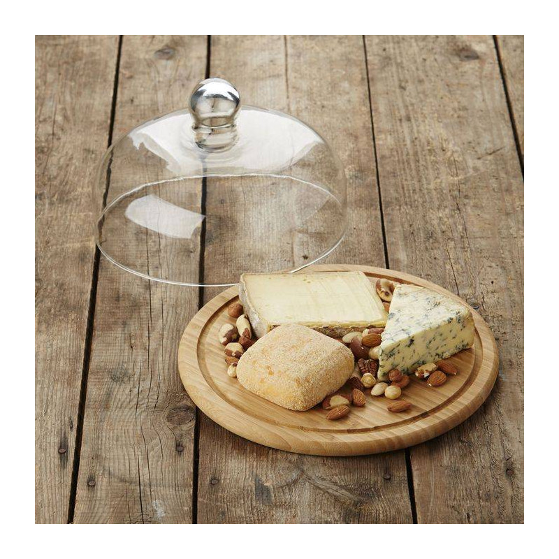 Plateau bambou + Cloche verre D30 Fromage Gâteau Point Virgule