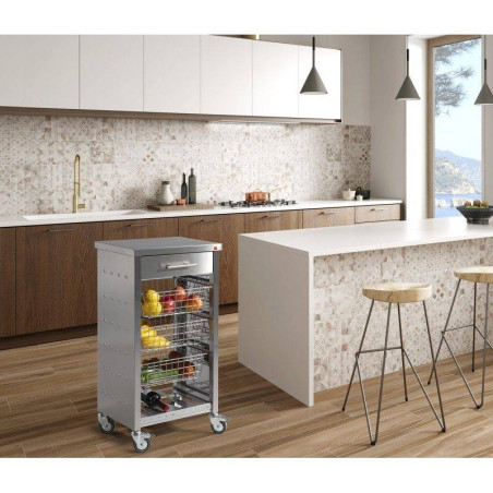 Desserte de cuisine Mobile en Inox 1 tiroir + 3 paniers + 1 rangement bouteille DHO Nouveau Modèle