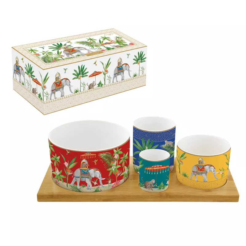 Set Apéritif 4 Coupes En Porcelaine Sur Plateau Bambou – Service à Tapas, Snacks – Style Nature & Élégant