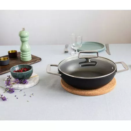 Castel´Pro Sauteuse Inox Revêtue 2 anses Couvercle verre Exceliss + CRISTEL D28