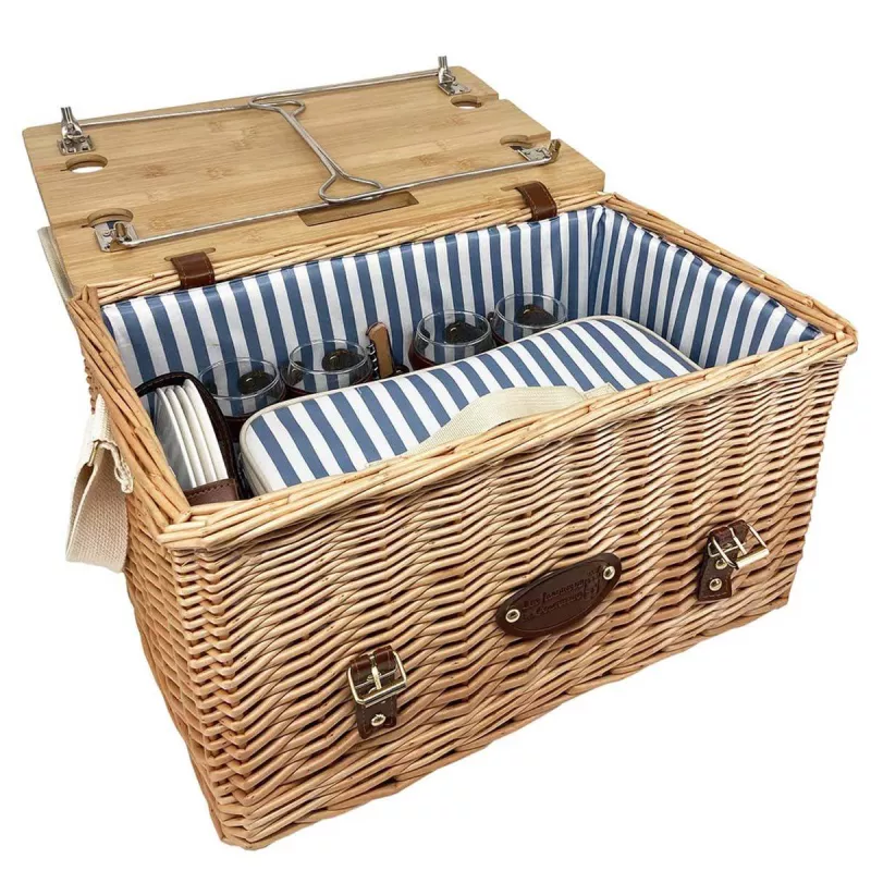 Panier Pique-Nique 4 Personnes Les Jardins De La Comtesse - Vichy Bleu - Vaisselle Incluse - 48x35x26cm