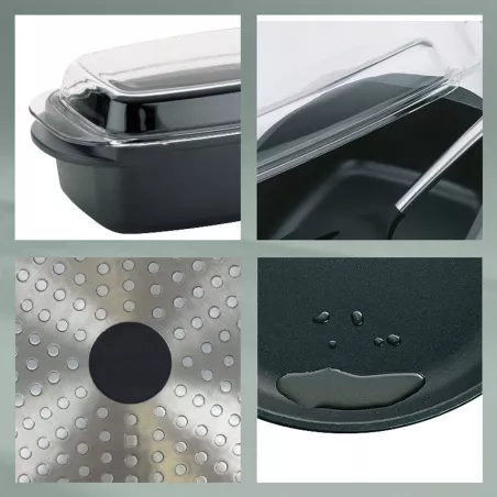 KERROS Cocotte à braiser rectangulaire et couvercle en verre Induction KELA Noir 6.5 L