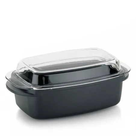 KERROS Cocotte à braiser rectangulaire et couvercle en verre Induction KELA Noir 6.5 L