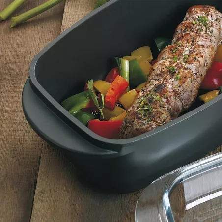 KERROS Cocotte à braiser rectangulaire et couvercle en verre Induction KELA Noir 6.5 L