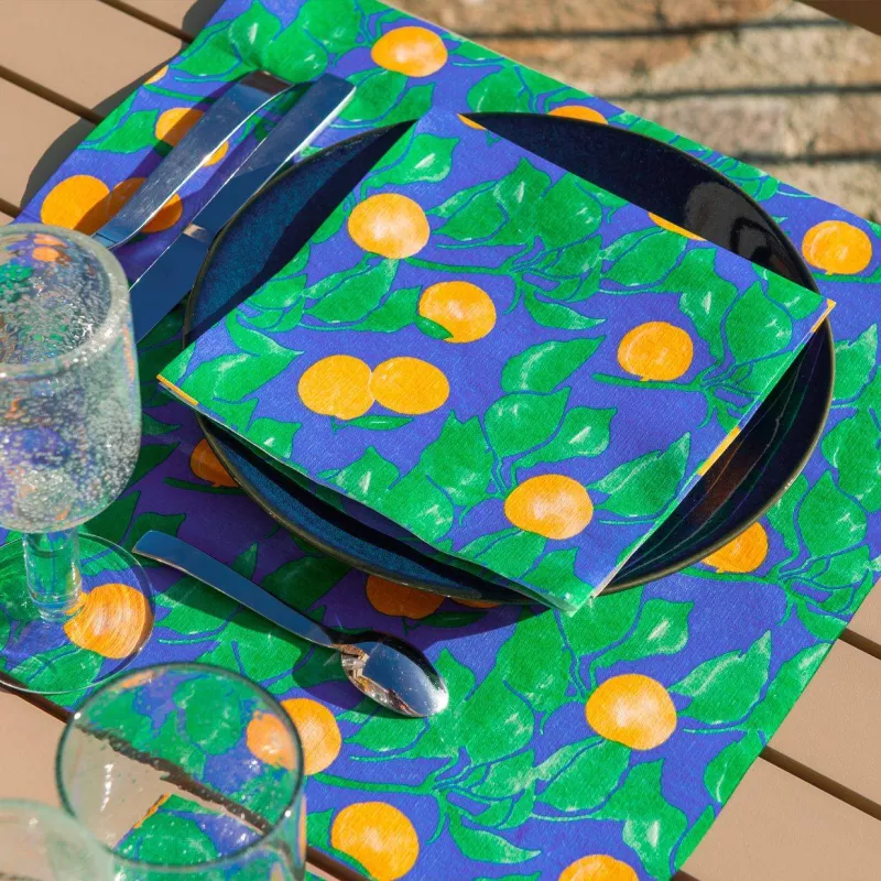 Serviettes De Table Jetables Haut De Gamme Françoise Paviot - Lot De 20 - 40x40 Cm - Motif Abricot Sur Fond Bleu