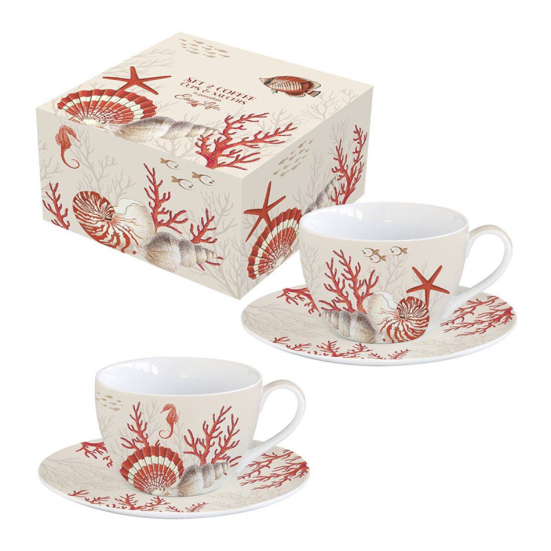 Coffret 4 Tasses à Café En Porcelaine 11 Cl Avec Soucoupes En Bambou - Thème Christmas Friends - Easy Life - 12