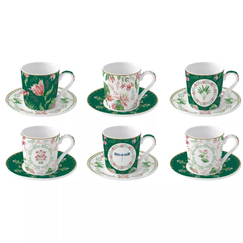 Coffret 6 Tasses à Café 10cl En Porcelaine Retro Jungle - Service Noir Élégant